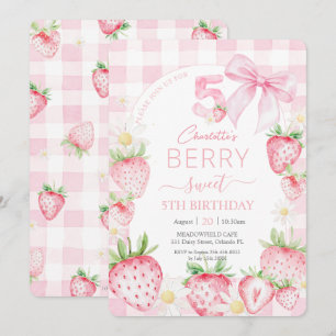 Cute Pink Strawberries Berry Sweet 5th Birthday Invitation