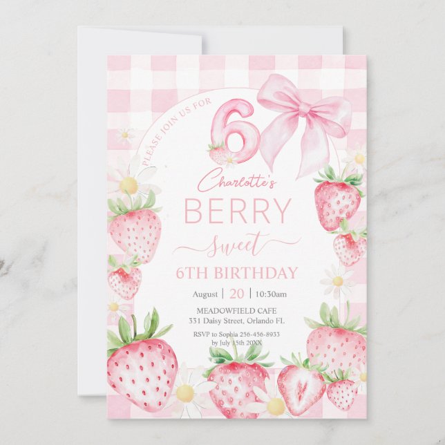 Cute Pink Strawberries Berry Sweet 6th Birthday Invitation (Front)
