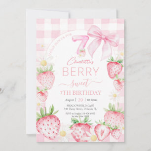 Cute Pink Strawberries Berry Sweet 7th Birthday Invitation