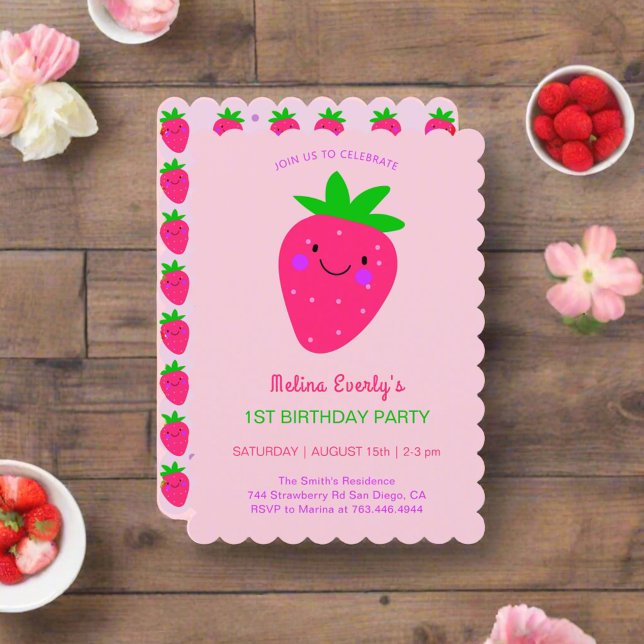 Cute Pink Strawberry 1st Birthday Party Baby Girl Invitation (Creator Uploaded)