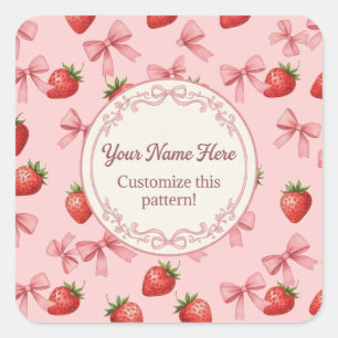 Cute Pink Strawberry and Bows Pattern Custom Name Square Sticker