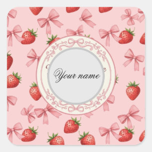 Cute Pink Strawberry and Bows Pattern Custom Name Square Sticker