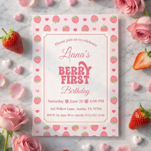 Cute Pink Strawberry Berry First Girl 1st Birthday Invitation