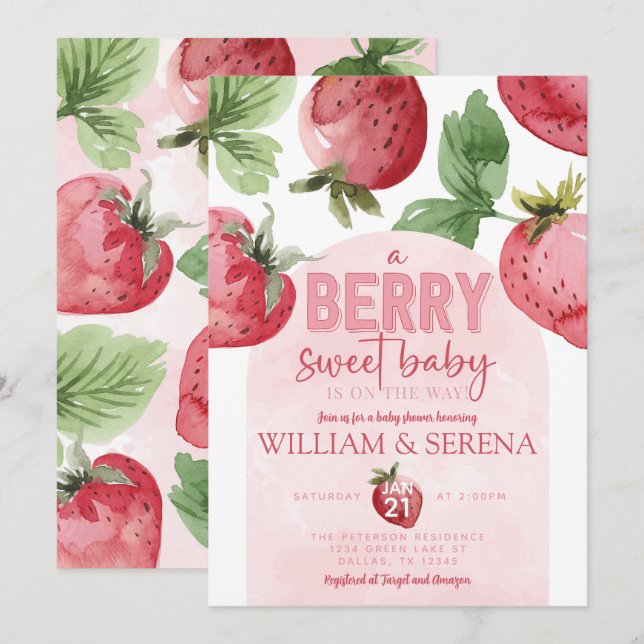 Cute Pink Strawberry Berry Sweet Baby Shower Invitation (Front/Back)