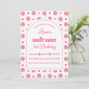 Cute Pink Strawberry Berry Sweet Girl 3rd Birthday Invitation