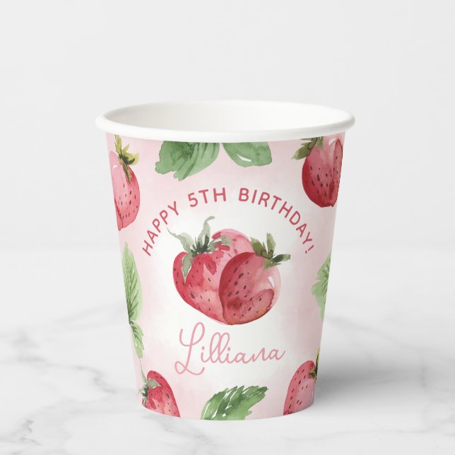 Cute Pink Strawberry Birthday Party Paper Cups (Front)