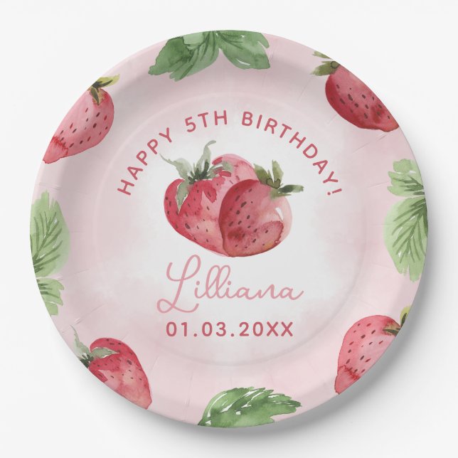 Cute Pink Strawberry Birthday Party Paper Plate (Front)