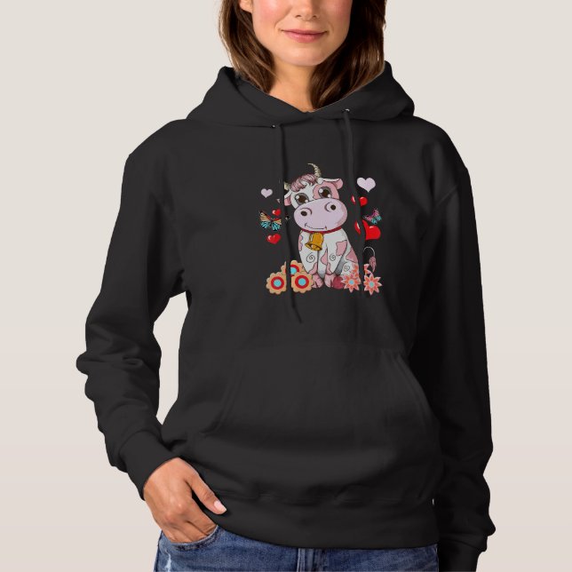 Cute Pink Strawberry Cow Cows Pet Moo Fans Hoodie (Front)