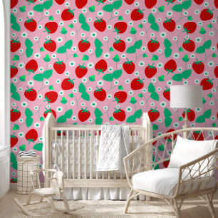 Cute Pink Strawberry & Daisy Pattern Kids Nursery  Wallpaper