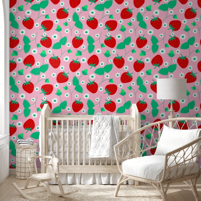 Cute Pink Strawberry & Daisy Pattern Kids Nursery  Wallpaper (Kids)
