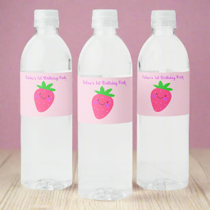 Cute Pink Strawberry Girl 1st Birthday Party Water Bottle Label