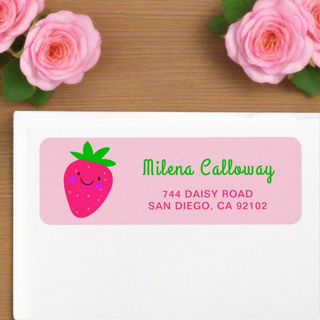 Cute Pink Strawberry Girly Script Return Address (Creator Uploaded)
