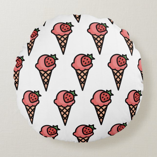Cute Pink Strawberry Ice Cream Aesthetic Pattern Round Cushion (Front)