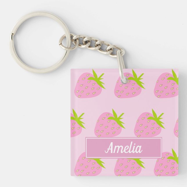 Cute Pink Strawberry Pattern Personalised Key Ring (Front)