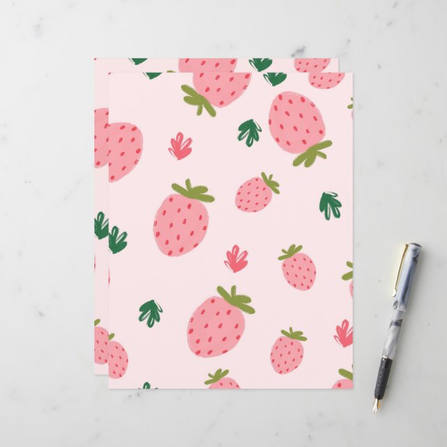 Cute Pink Strawberry Pattern Scrapbook Paper (Front/Back In Situ)