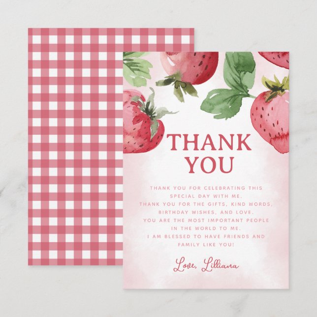Cute Pink Strawberry Thank You Card (Front/Back)