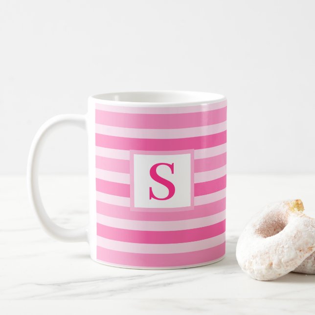 Cute Pink Striped Design Custom Initial Coffee Mug (With Donut)