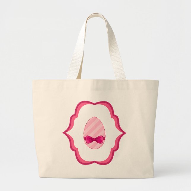 Cute Pink Striped Easter Egg Design With Bow Large Tote Bag (Front)