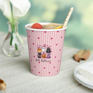 Cute Pink Striped Hello Halloween Characters Latte Paper Cups