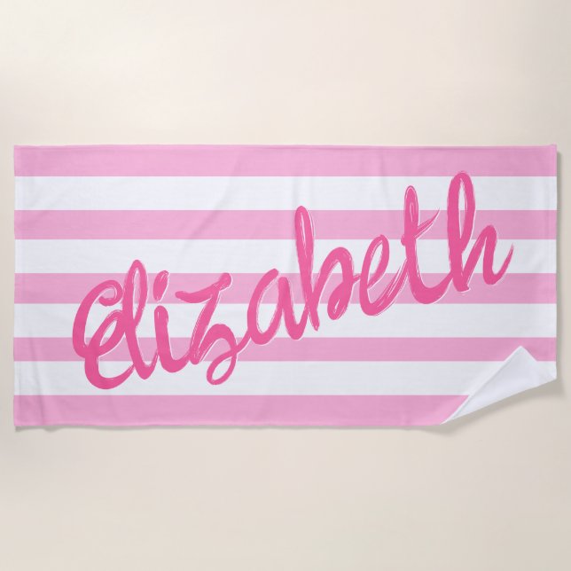 Cute Pink Striped Script Name Personalised  Beach Towel (Front)