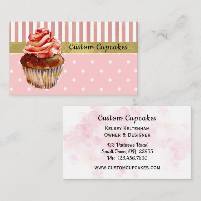 Cute Pink Stripes and Dots Cupcake Bakery Biz Card (Front/Back)