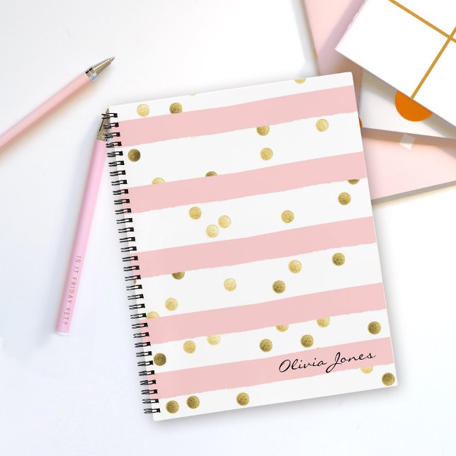 Cute Pink Stripes and Dots with Name Notebook (Personalize this notebook with your name or other desired text.)
