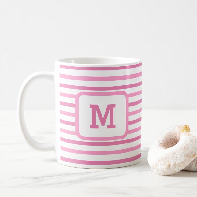 Cute Pink Stripes Custom Single Initial White Coff Coffee Mug (With Donut)