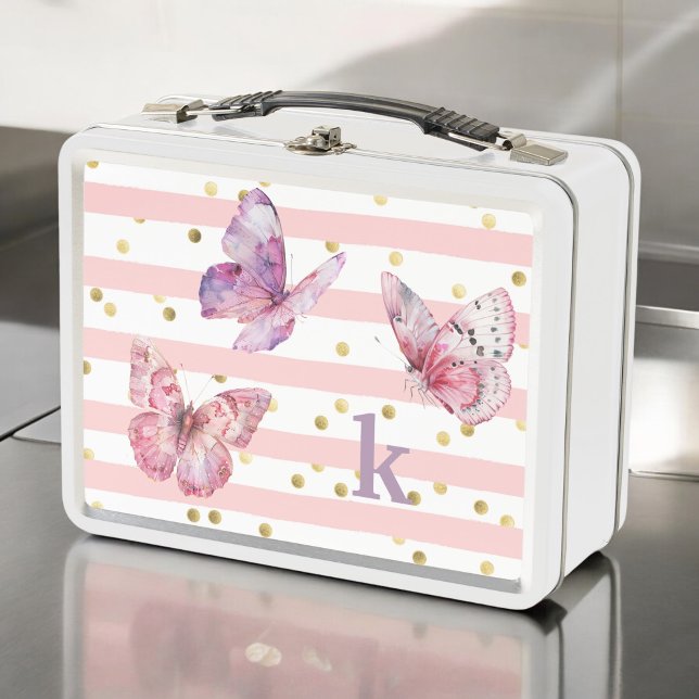 Cute Pink Stripes Dots Butterflies and Monogram Metal Lunch Box (Personalize with your monogram initial.)