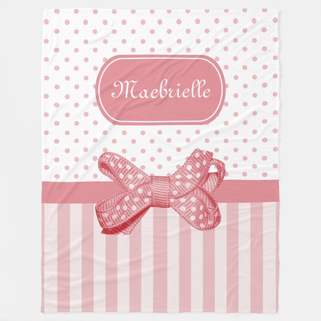 Cute Pink Stripes Girly Polka Dot Bow With Name Fleece Blanket (Front)
