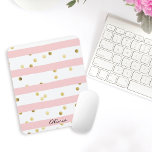 Cute Pink Stripes Gold Polka Dots with Name Mouse Mat<br><div class="desc">A cute girly mousepad design in pink and white stripes with gold polka dots scattered about,  this design has a text template to personalise with your name or other desired text. Great for back to school,  at home,  or at the office.</div>