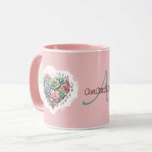Cute Pink Succulent Heart Monogram Valentines Day Mug