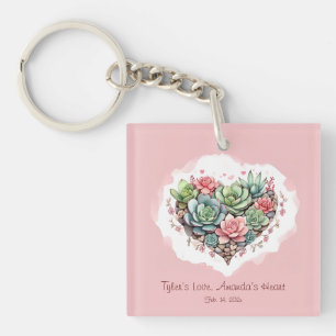 Cute Pink Succulent Heart Valentines Day Key Ring