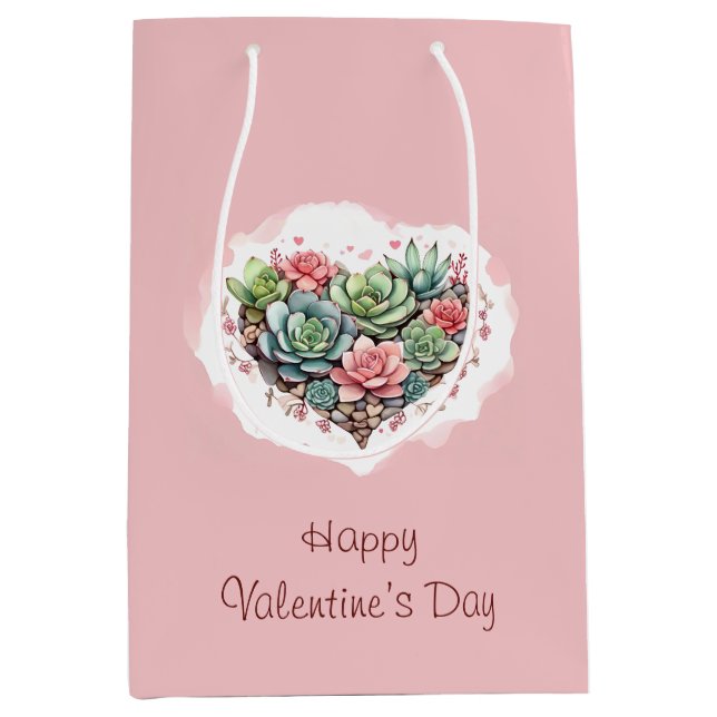 Cute Pink Succulent Heart Valentines Day Medium Gift Bag (Front)