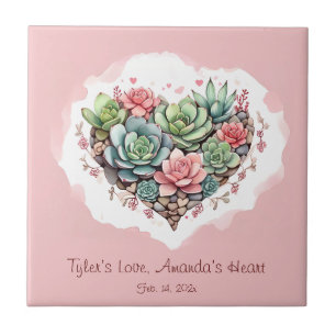 Cute Pink Succulent Heart Valentines Day Tile