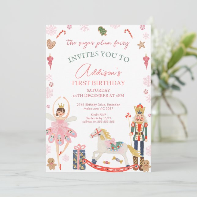 Cute Pink Sugar Plum Fairy Nutcracker Birthday  Invitation (Standing Front)