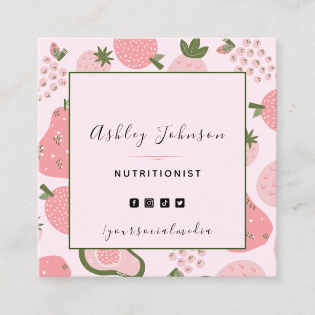 Cute Pink Summer Fruit Berry Pattern Nutritionist Square Business Card (Front)