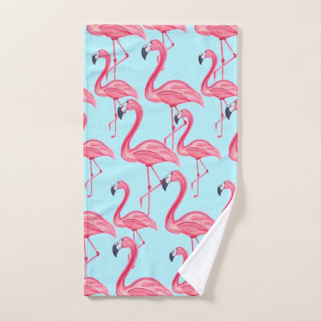 Cute Pink Summer Painted Flamingo Pattern Blue Hand Towel (Hand Towel)