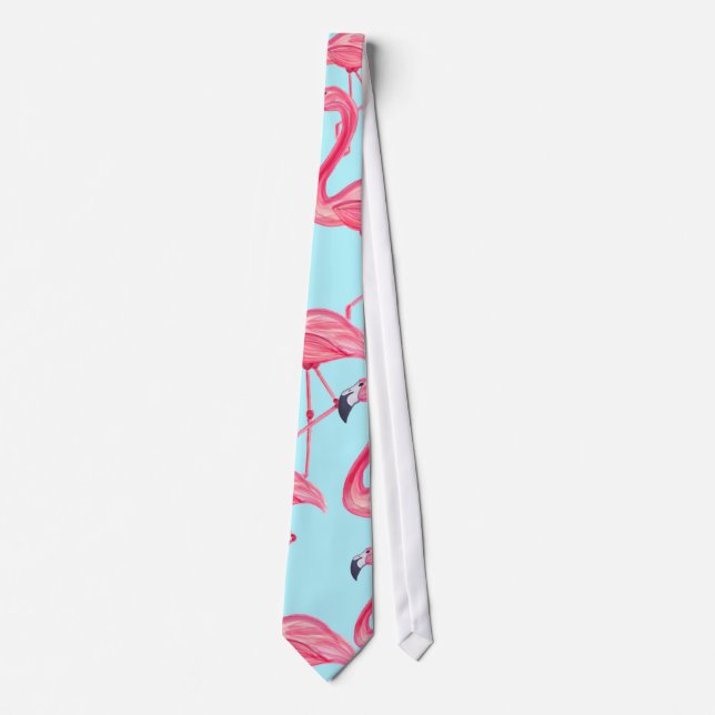 Cute Pink Summer Painted Flamingo Pattern Blue Tie (Front)