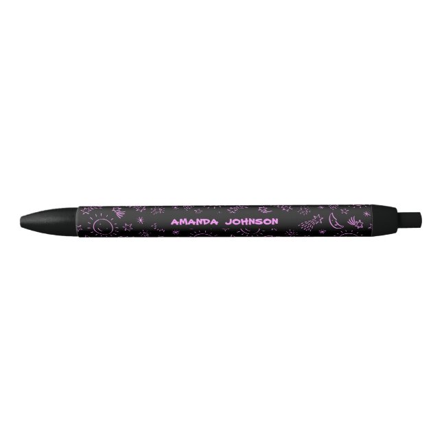 Cute Pink Sun Moon and Stars Pattern Monogram   Black Ink Pen (Front)