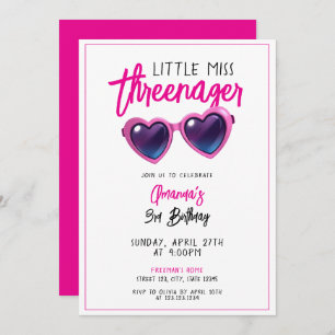 Cute Pink Sunglasses Threenager 3rd Birthday Invitation