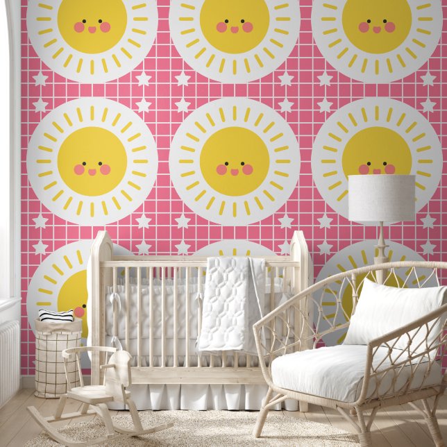 Cute Pink Sunshine Kids Nursery Room Wallpaper (Kids)