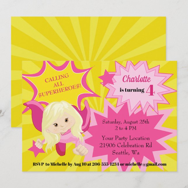 Cute Pink Superhero Girl Birthday Invitation (Front/Back)