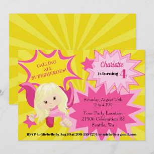 Cute Pink Superhero Girl Birthday Invitation