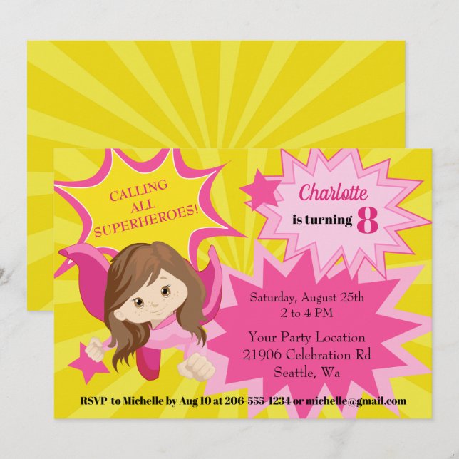 Cute Pink Superhero Girl Birthday Invitation (Front/Back)