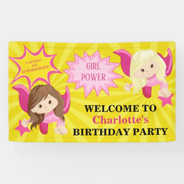 Cute Pink Superhero Girl Birthday Party Banner (Horizontal)
