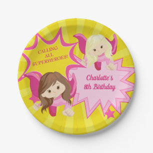 Cute Pink Superhero Girl Birthday Party Paper Plate