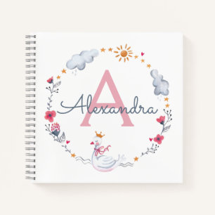 Cute pink swan & sun floral wreath with monogram notebook