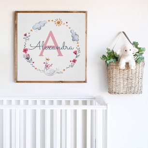 Cute pink swan & sun floral wreath with monogram w poster