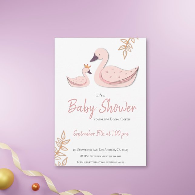 Cute Pink Swan with Crown Girl Baby Shower Invitation (Creator Uploaded)