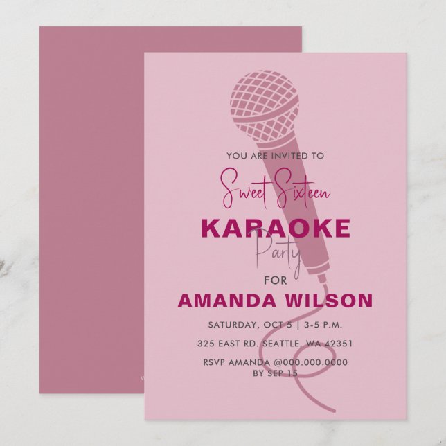 Cute Pink Sweet 16 Birthday Karaoke Party Invitation (Front/Back)